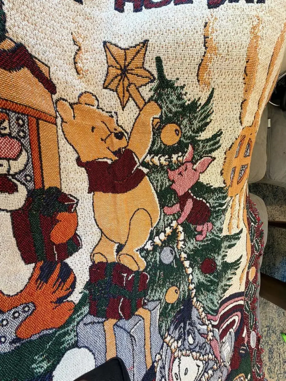 Vintage Disney Winnie the Pooh Christmas Woven Throw Blanket 46.5x67 1990s